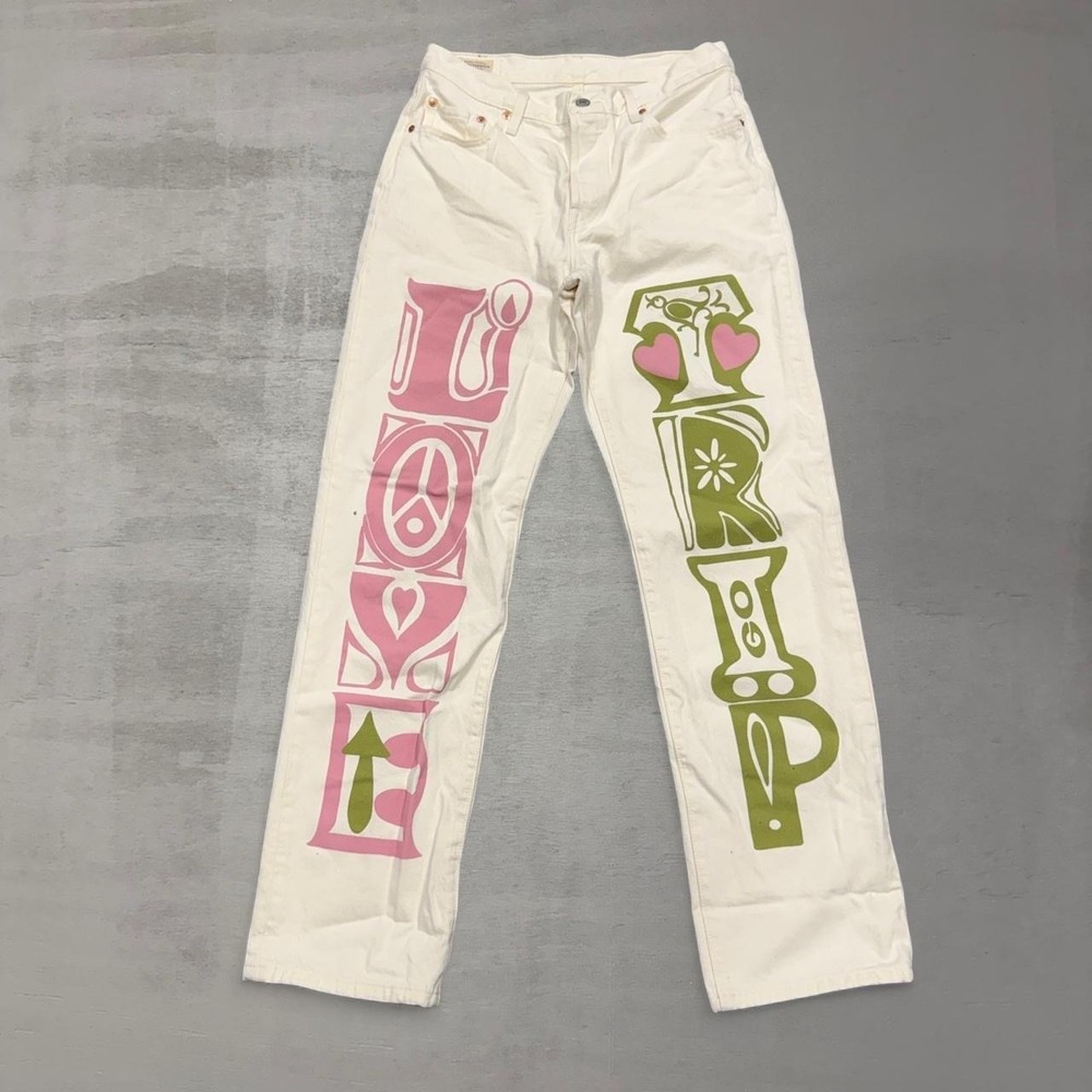 Levi's 501xx Love Trip Women's White Jeans Mid Rise Relaxed Fit‎ BIG E 28 x 32